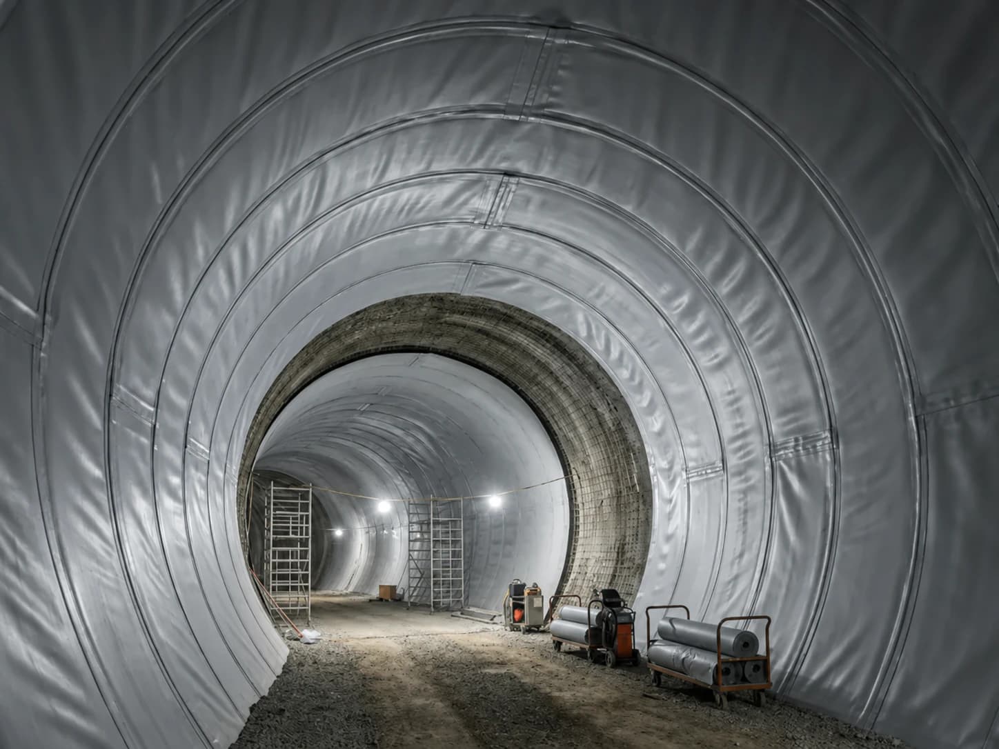 Waterproof membrane lining installed inside an underground tunnel for infrastructure protection